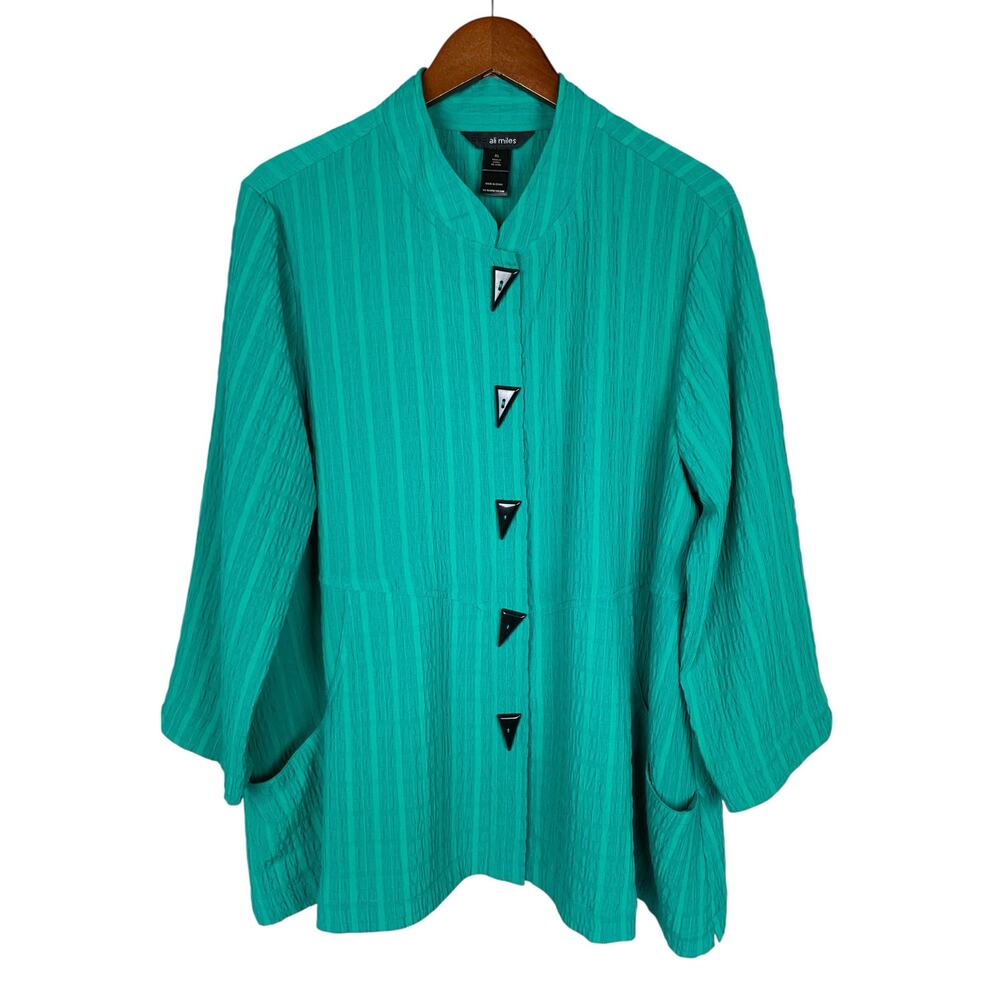 Ali Miles Green Shirt Blouse Triangular Buttons Pockets Textured Top Women's XL